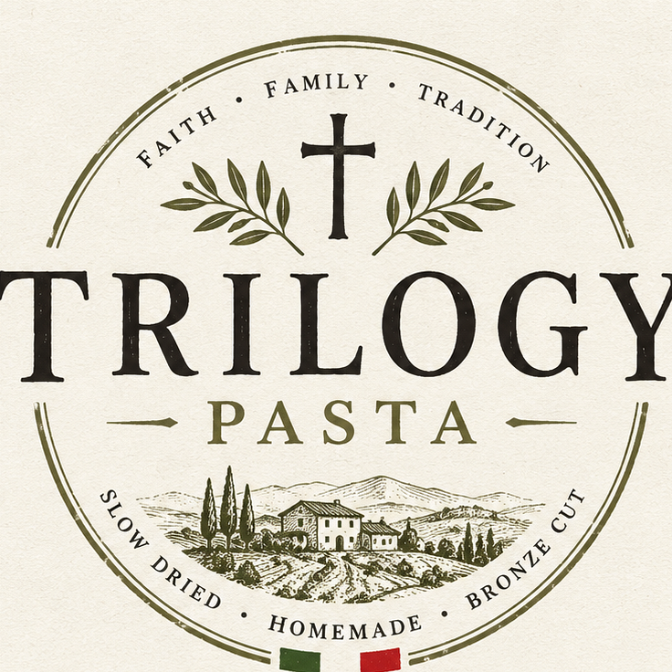 Trilogy Pasta seal — Faith, Family, Tradition · Slow Dried, Homemade, Bronze Cut